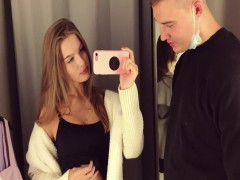 A cute girl sucks a dick and takes cum in her mouth, in a fitting room, in a shopping center | PORR.XXX