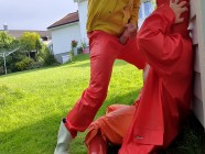 Blowjob and squirt on wife's big tits and her rainwear outside in the garden